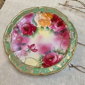 Antique‎ Nippon Hand Painted  Cake Dessert Plate Gold Scalloped Handles Roses